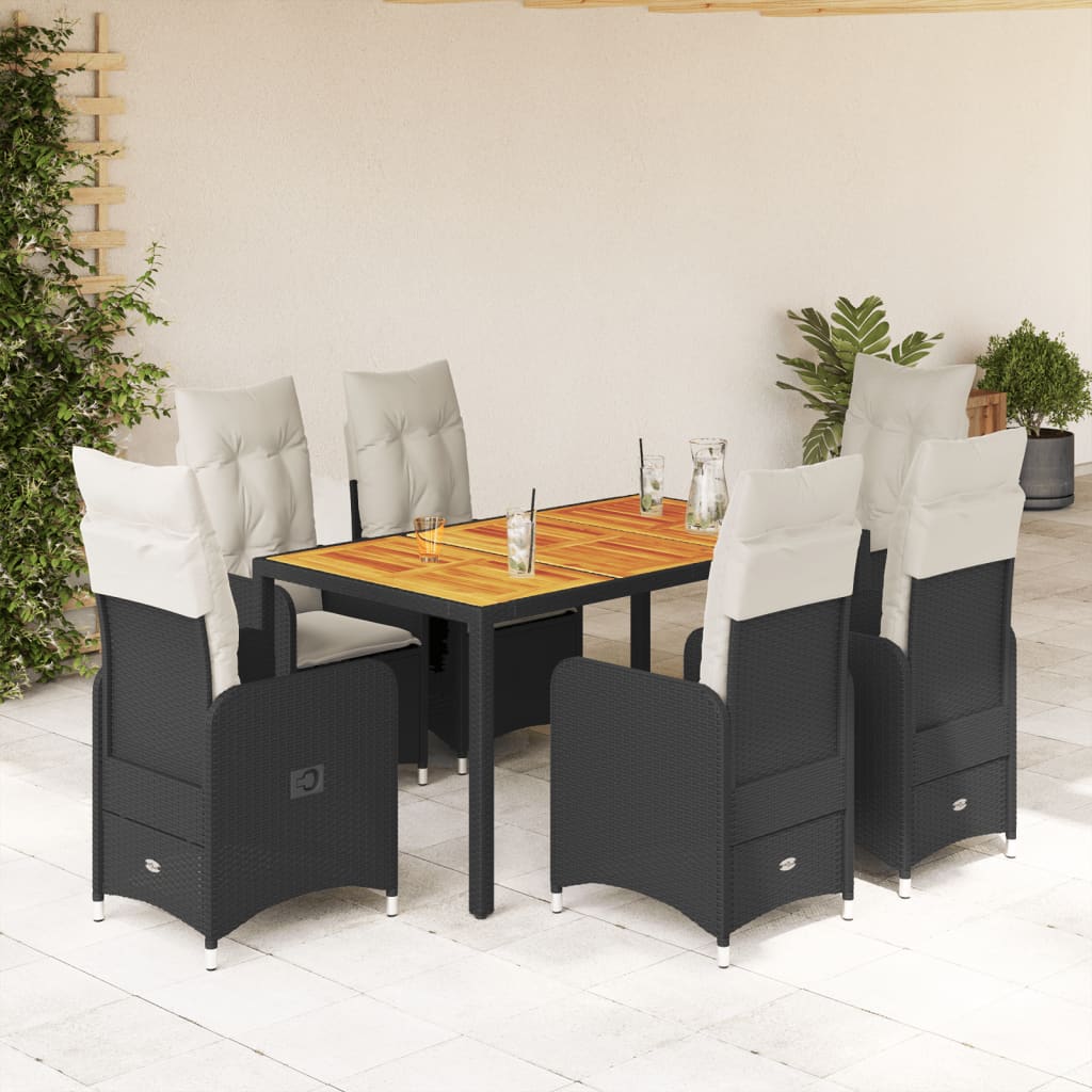 7 Pcs conjunto de bistrô p/ jardim c/ almofadões vime PE preto