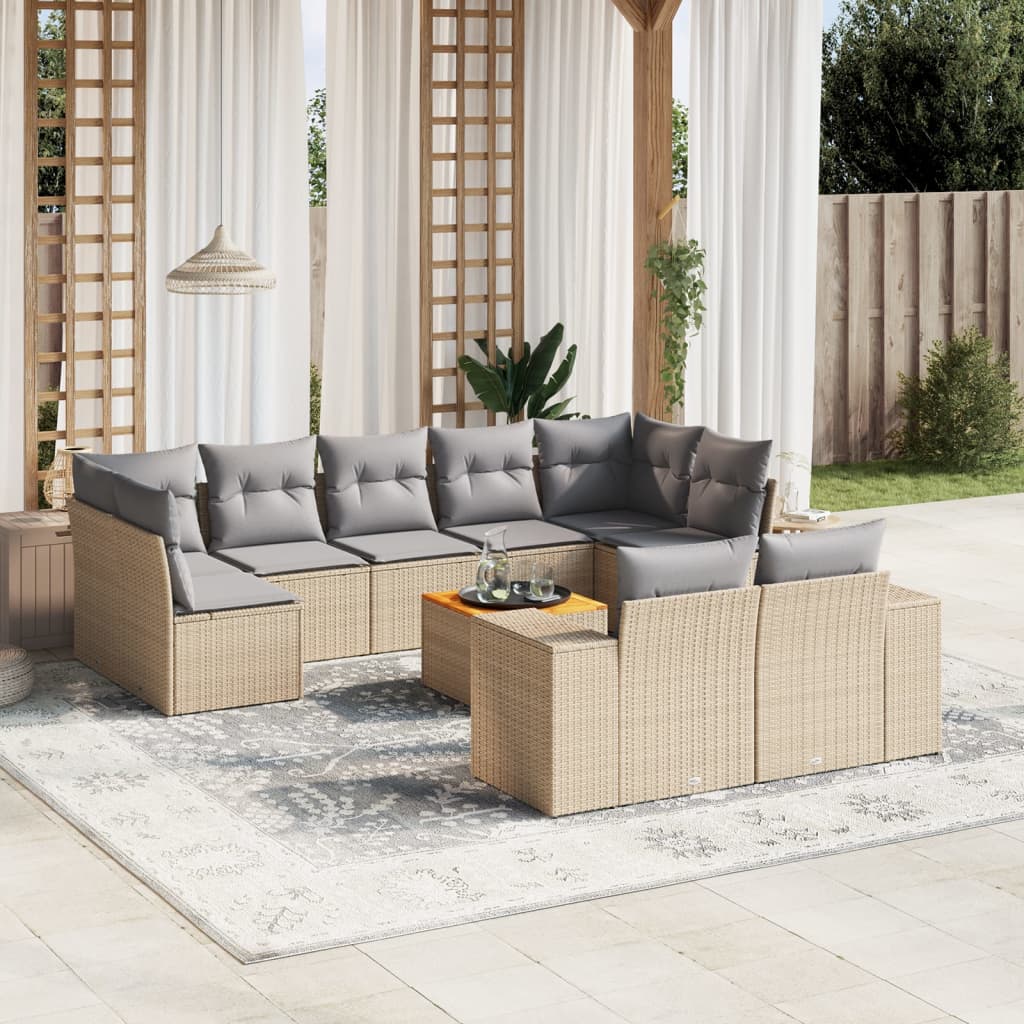 10 Pcs conjunto de sofás p/ jardim com almofadões vime PE bege