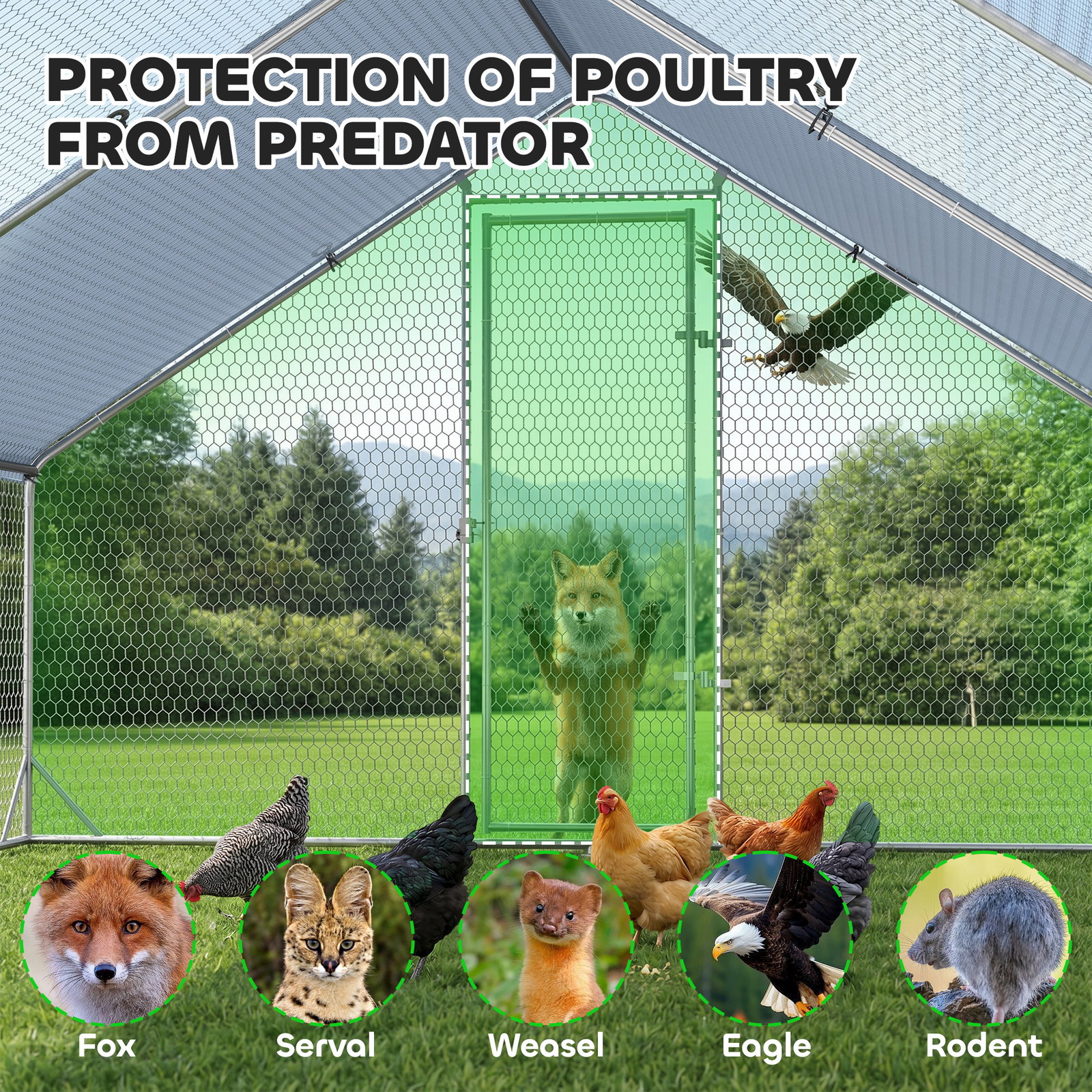 Galinheiro de Exterior Grande 3x4x2m Gaiola para 8-12 Galinhas de Aço Galvanizado com Teto de PE e Fechadura para Coelhos Prata