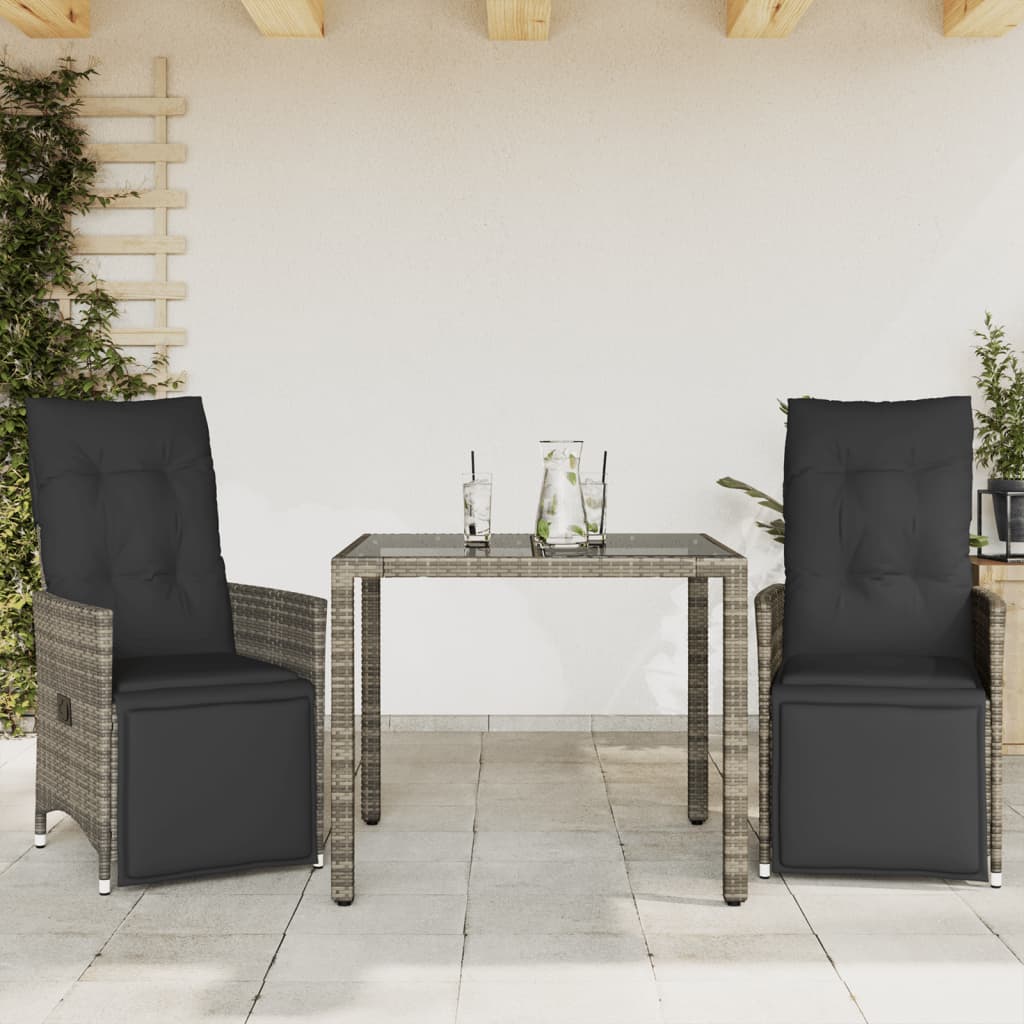 3 Pcs conjunto bistrô de jardim c/ almofadões vime PE cinza