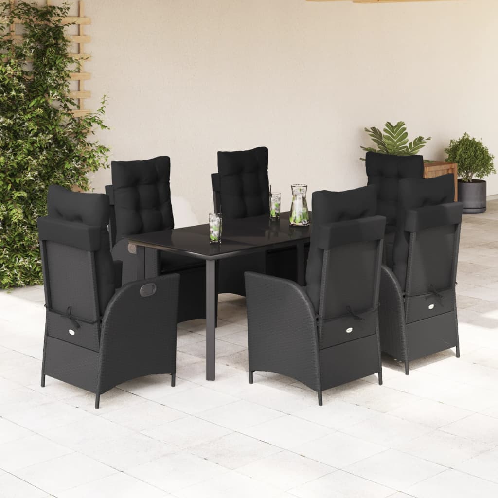 7 Pcs conjunto de jantar p/ jardim c/ almofadões vime PE preto