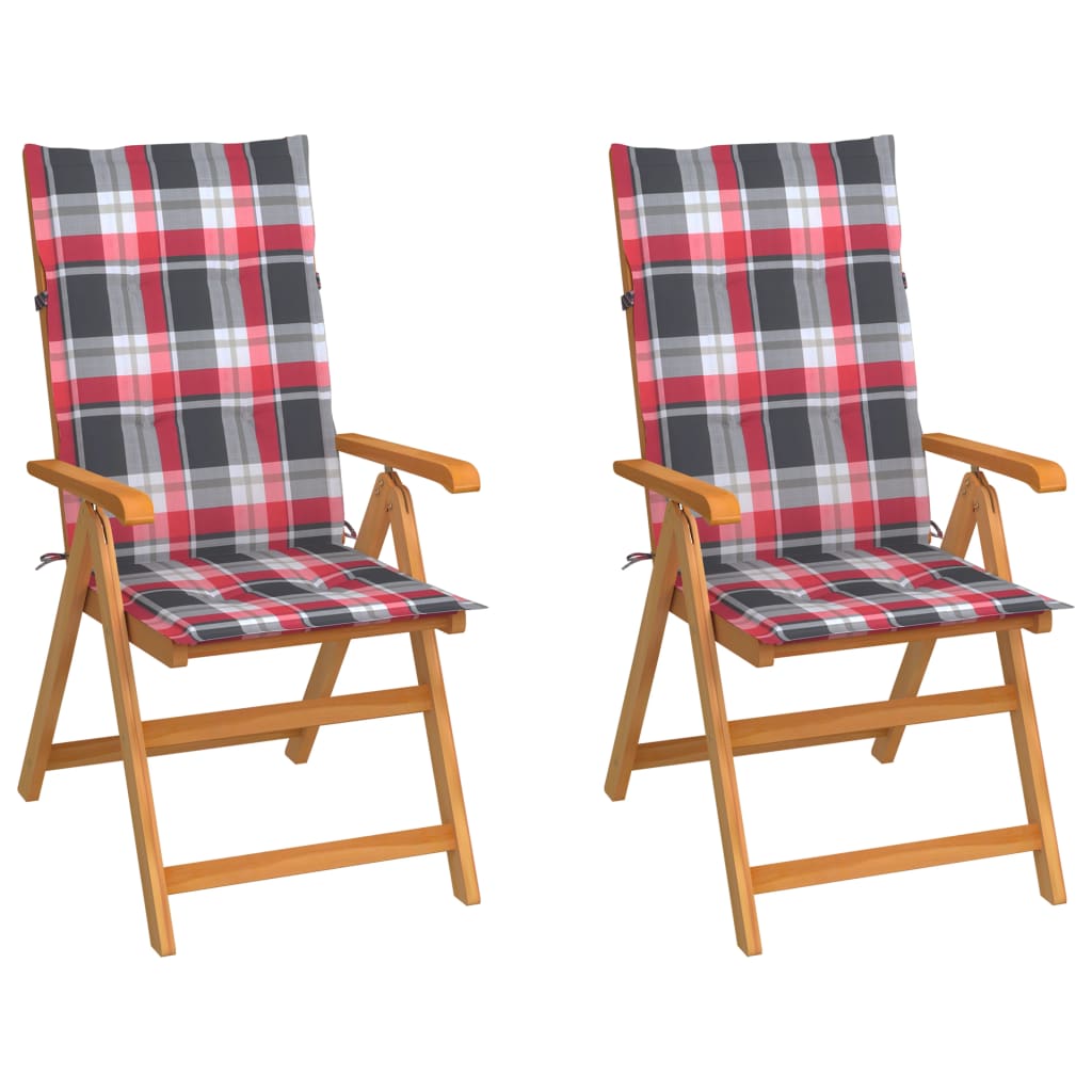 Cadeiras jardim c/ almofadões xadrez vermelho 2 pcs teca maciça