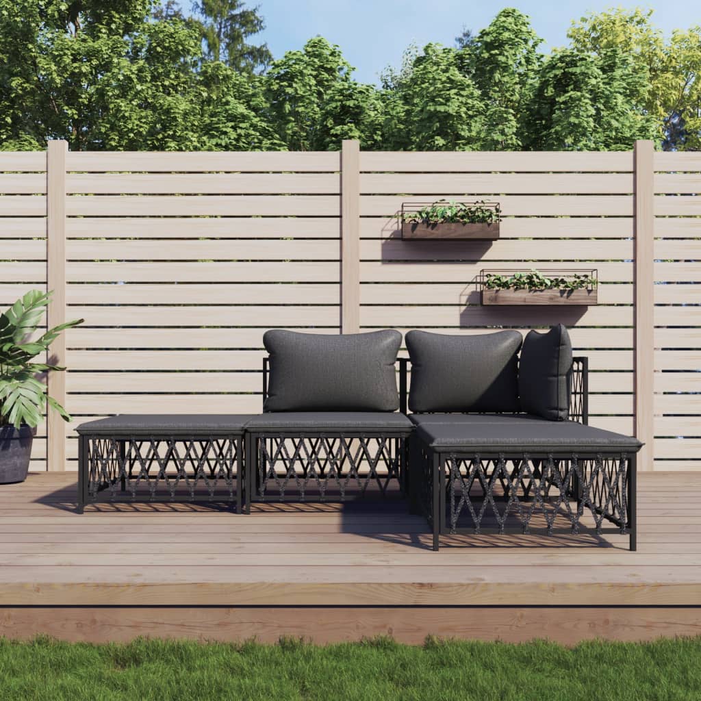 4 Pcs conjunto lounge de jardim com almofadões aço antracite