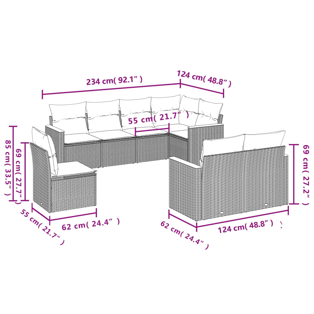 8 Pcs conjunto de sofás p/ jardim com almofadões vime PE bege