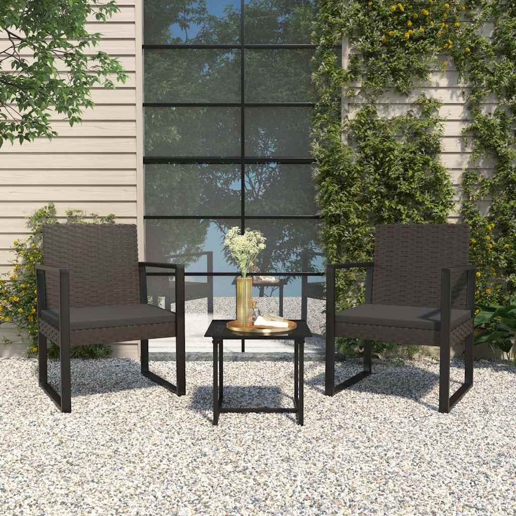3 Pcs conjunto lounge de jardim c/ almofadões vime PE preto