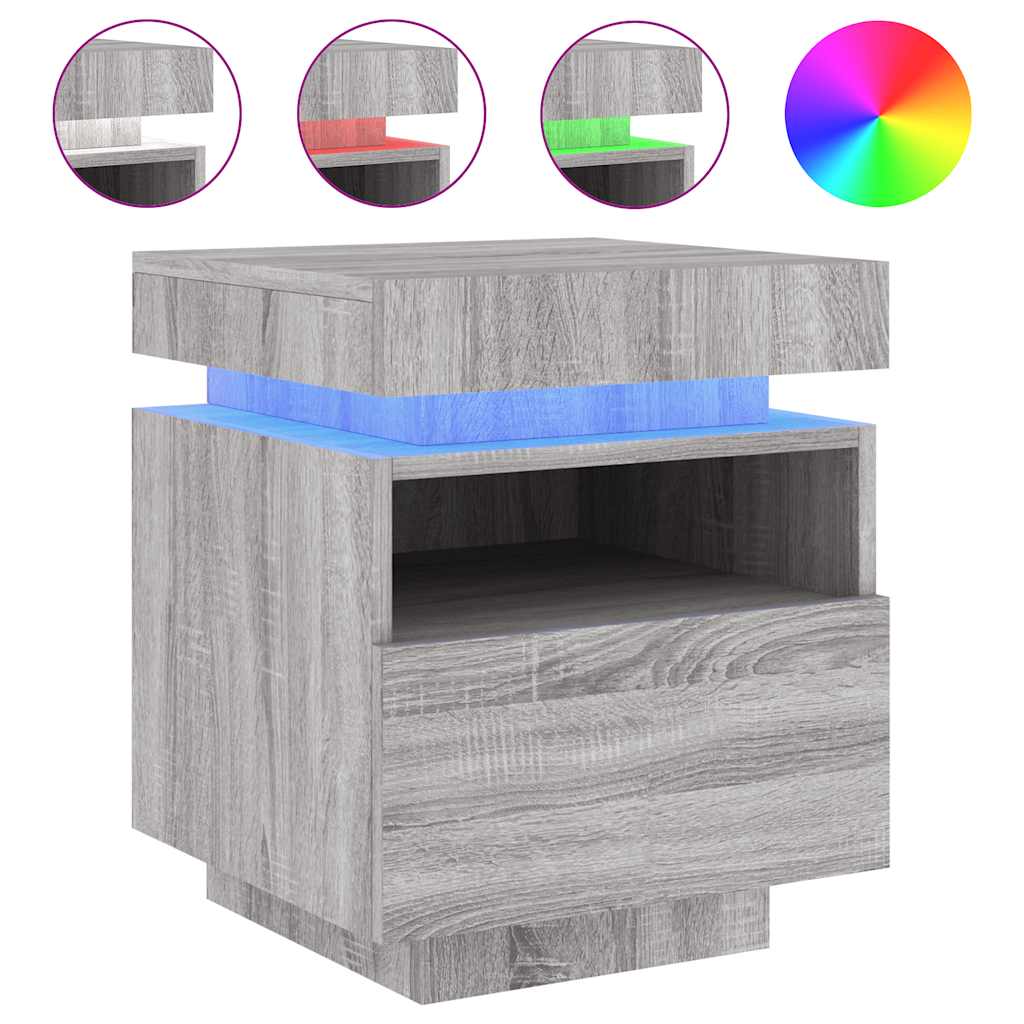 Mesa de cabeceira com luzes LED 40x39x48,5 cm cinzento-sonoma