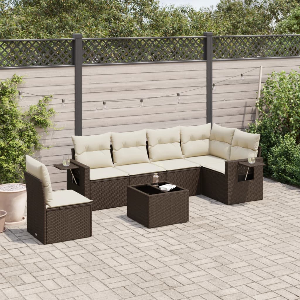 7 Pcs conjunto de sofás jardim c/ almofadões vime PE castanho