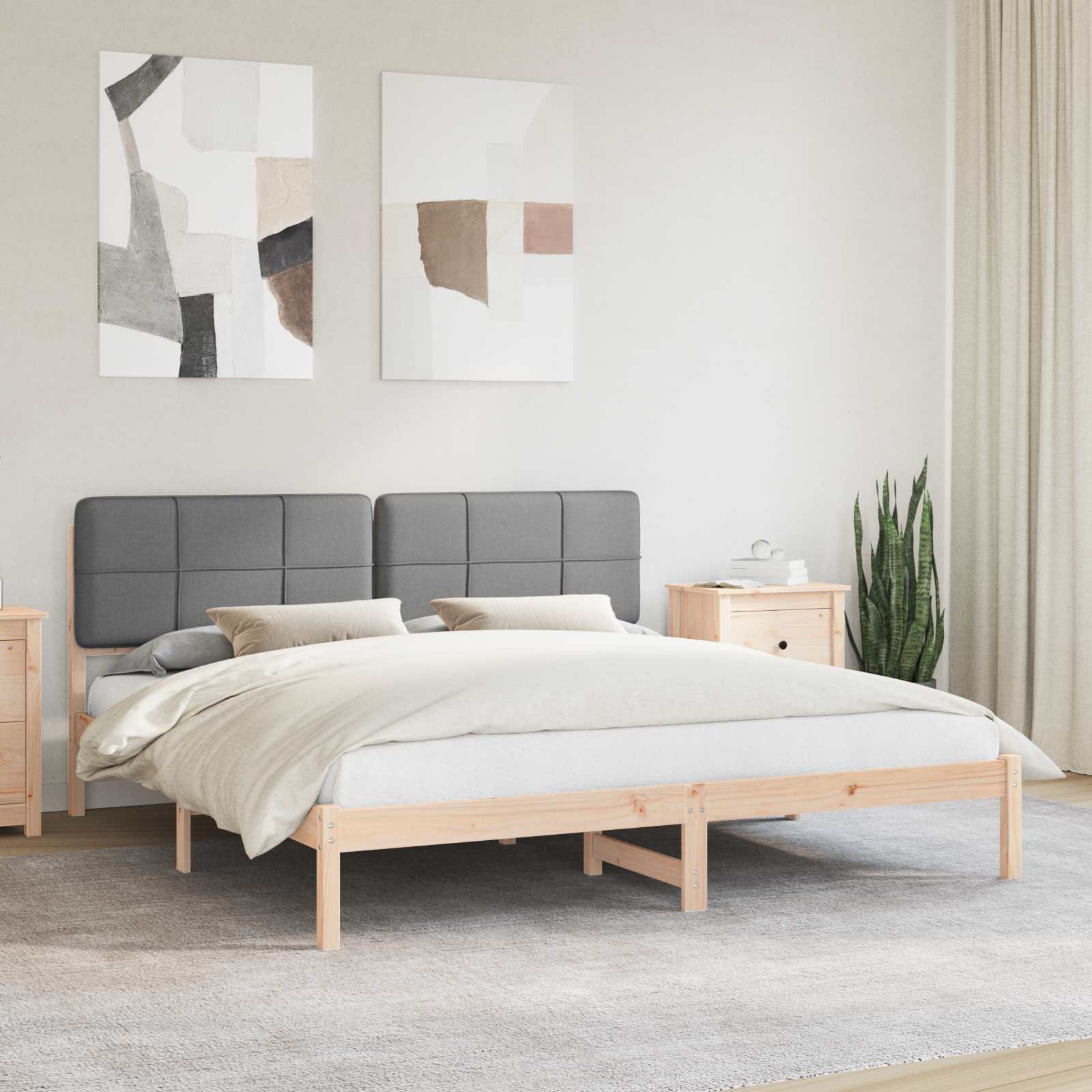 Estrutura de cama com cabeceira estofada cinzento-claro