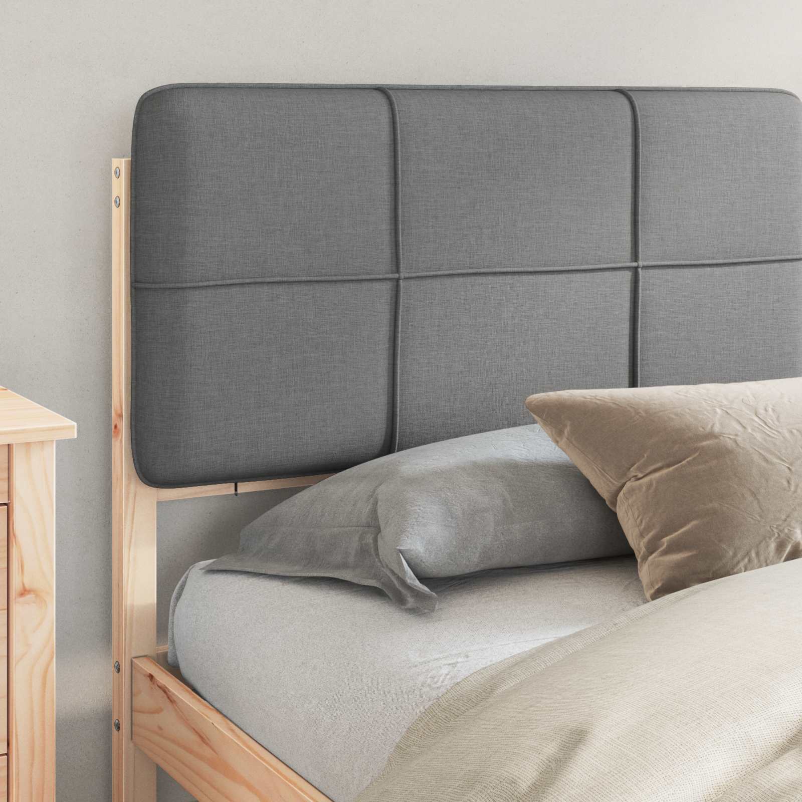 Estrutura de cama com cabeceira estofada cinzento-claro