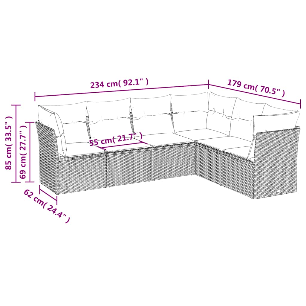 6 Pcs conjunto sofás de jardim c/ almofadões vime PE preto