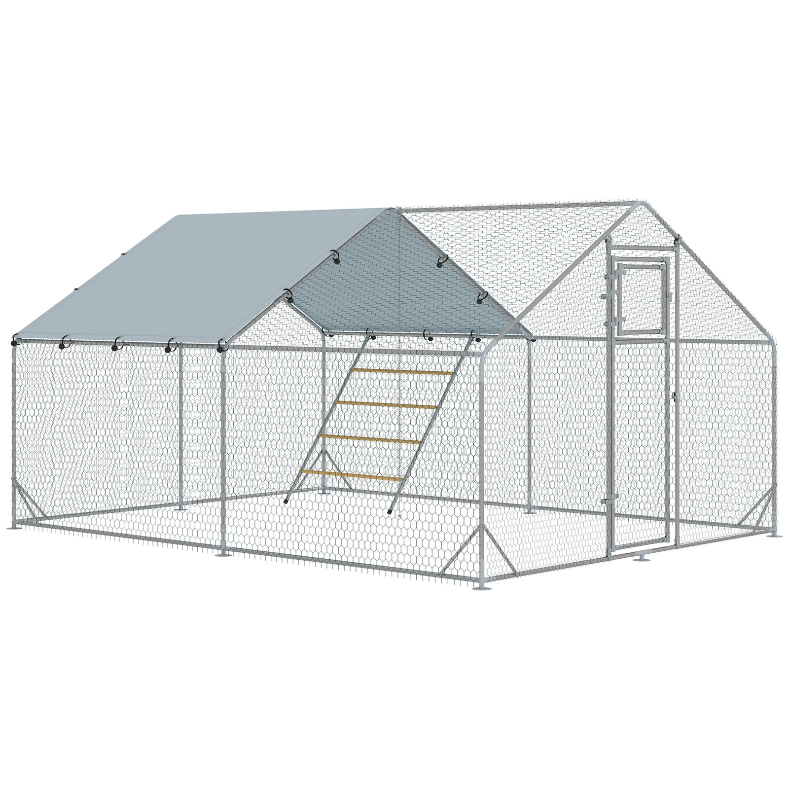 Galinheiro para exterior 3x4 m galinheiro de aço galvanizado com comedouro suspenso tipo espeto poleiro anti-UV prata
