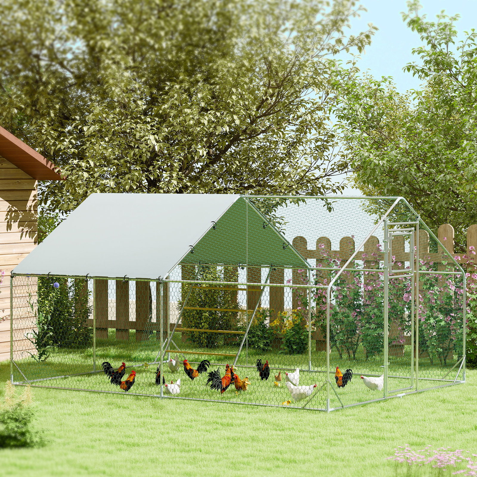 Galinheiro para exterior 3x4 m galinheiro de aço galvanizado com comedouro suspenso tipo espeto poleiro anti-UV prata