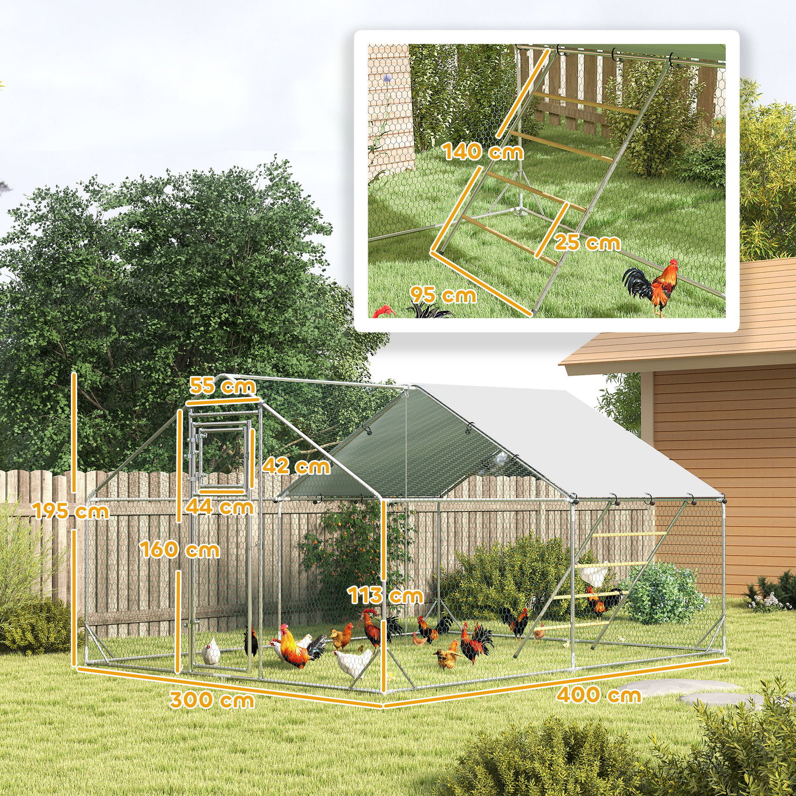 Galinheiro para exterior 3x4 m galinheiro de aço galvanizado com comedouro suspenso tipo espeto poleiro anti-UV prata