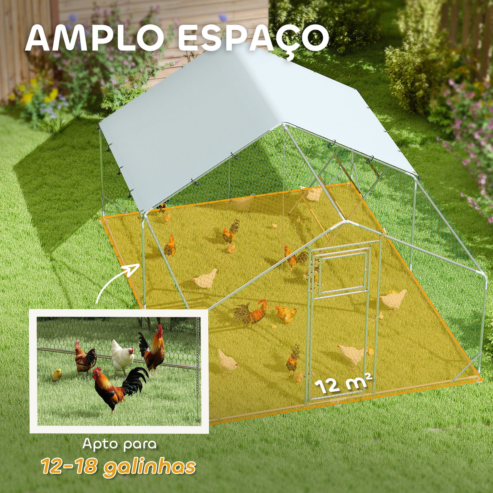 Galinheiro para exterior 3x4 m galinheiro de aço galvanizado com comedouro suspenso tipo espeto poleiro anti-UV prata
