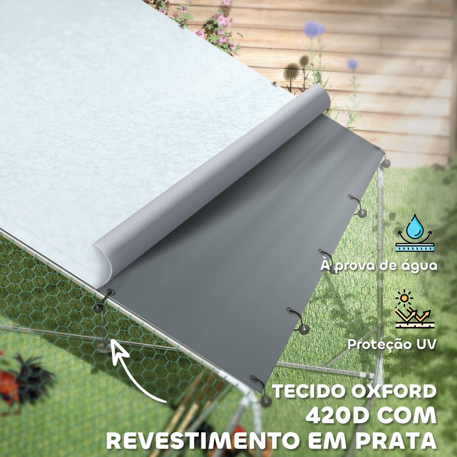 Galinheiro para exterior 3x4 m galinheiro de aço galvanizado com comedouro suspenso tipo espeto poleiro anti-UV prata