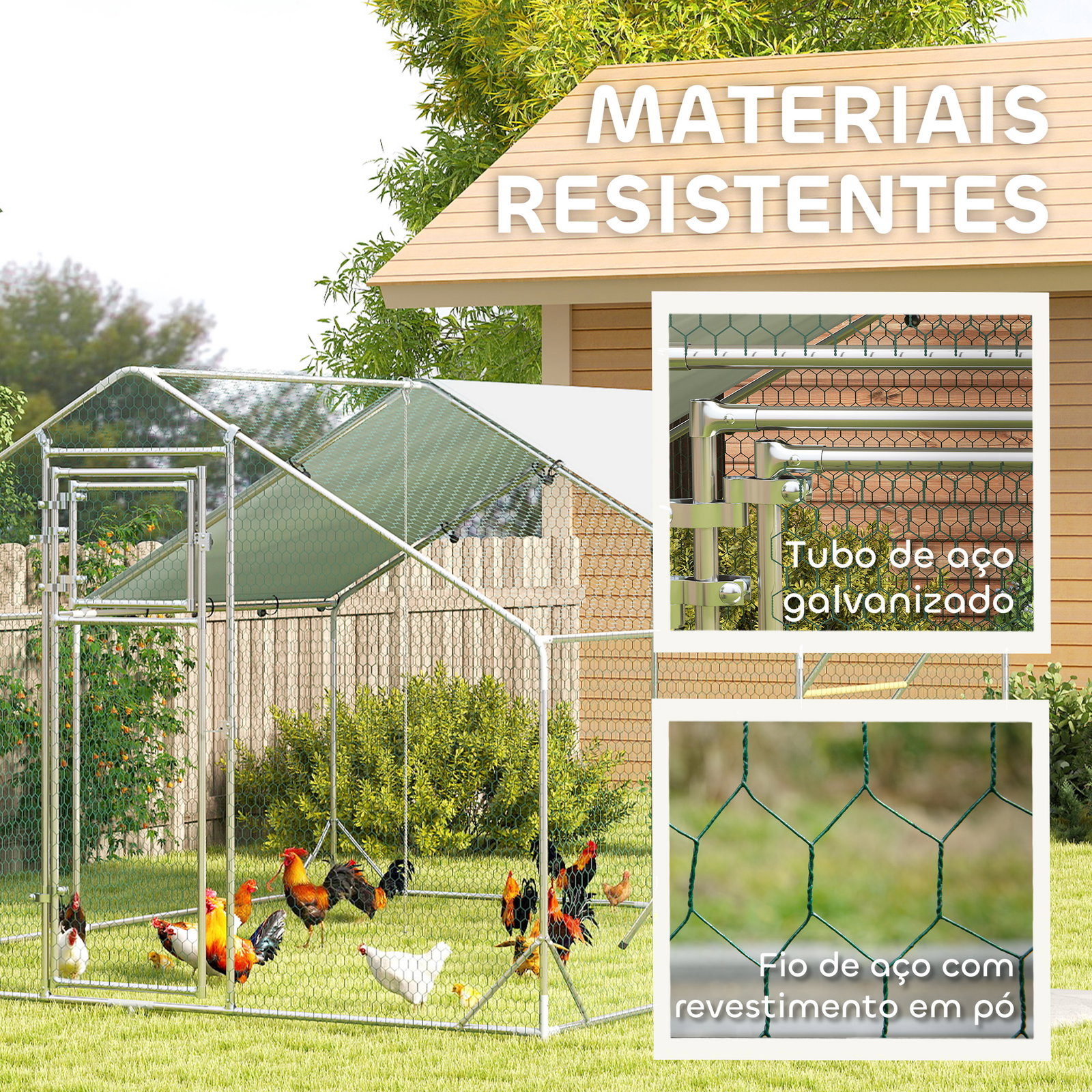 Galinheiro para exterior 3x4 m galinheiro de aço galvanizado com comedouro suspenso tipo espeto poleiro anti-UV prata
