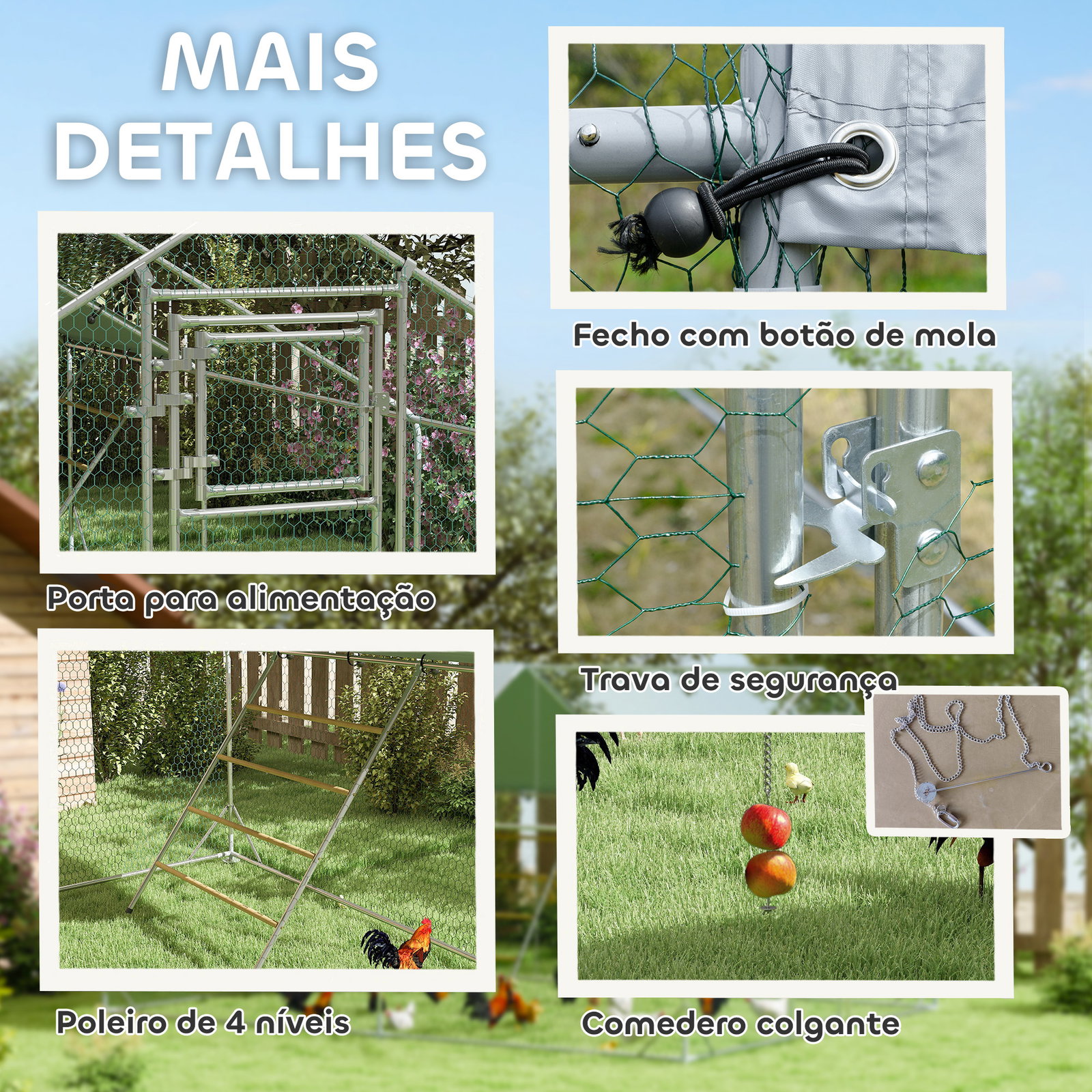 Galinheiro para exterior 3x4 m galinheiro de aço galvanizado com comedouro suspenso tipo espeto poleiro anti-UV prata