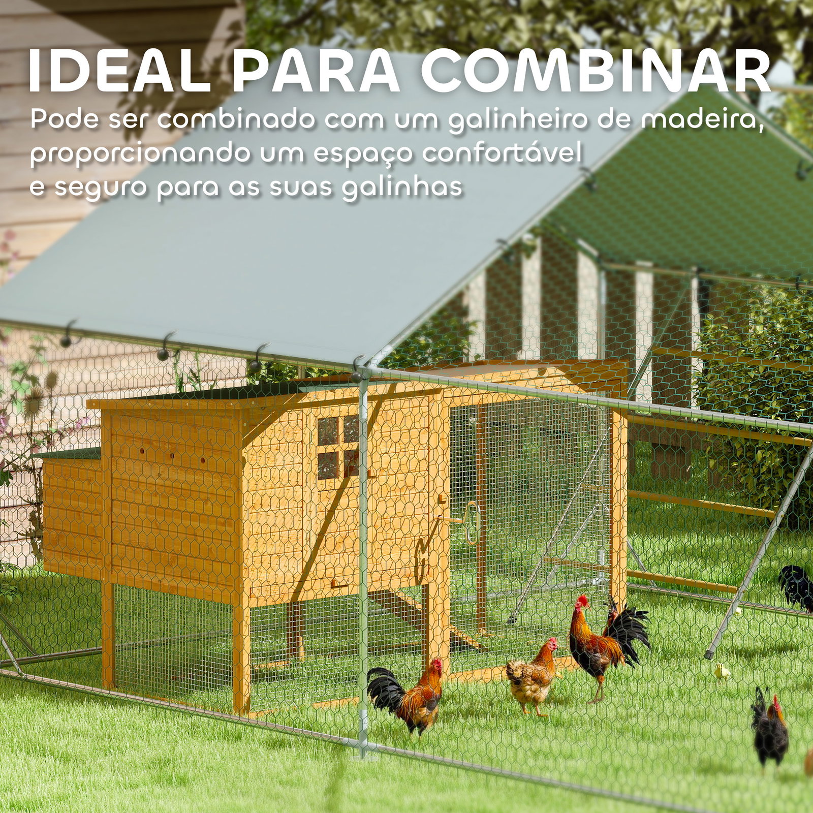 Galinheiro para exterior 3x4 m galinheiro de aço galvanizado com comedouro suspenso tipo espeto poleiro anti-UV prata