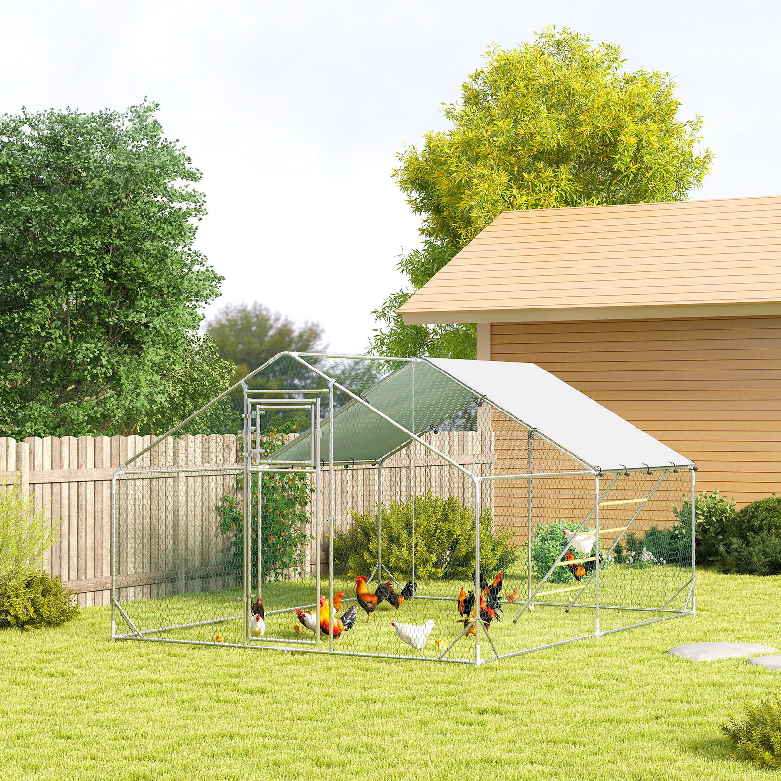 Galinheiro para exterior 3x4 m galinheiro de aço galvanizado com comedouro suspenso tipo espeto poleiro anti-UV prata
