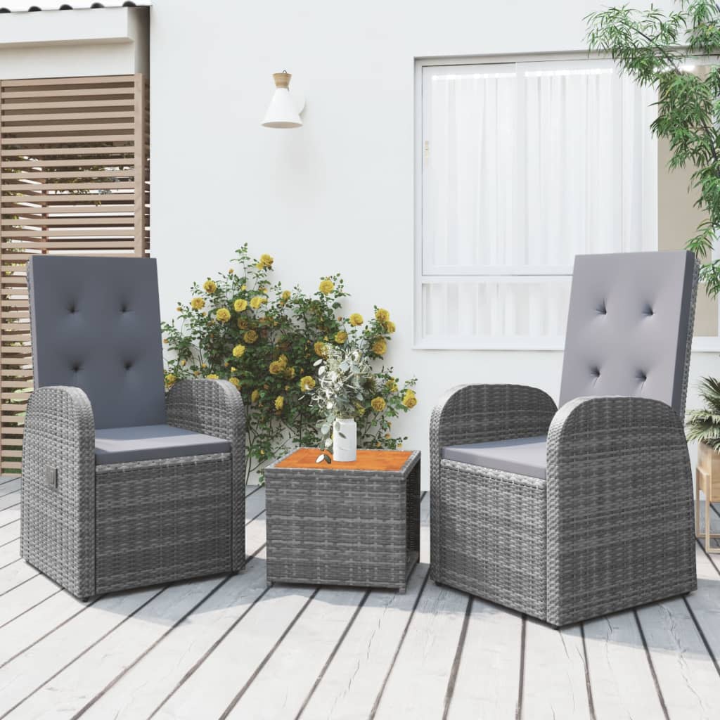 3 Pcs conjunto lounge de jardim vime PE/acácia maciça cinza