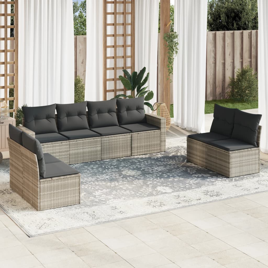 8 Pcs conj. sofás jardim c/ almofadões vime PE cinzento-claro
