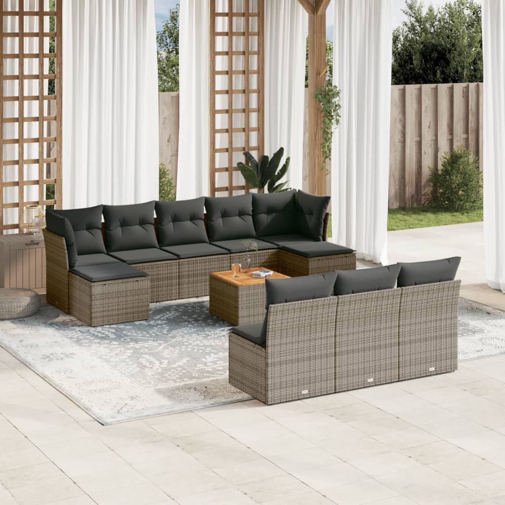 11 Pcs conjunto sofás de jardim c/ almofadões vime PE cinzento