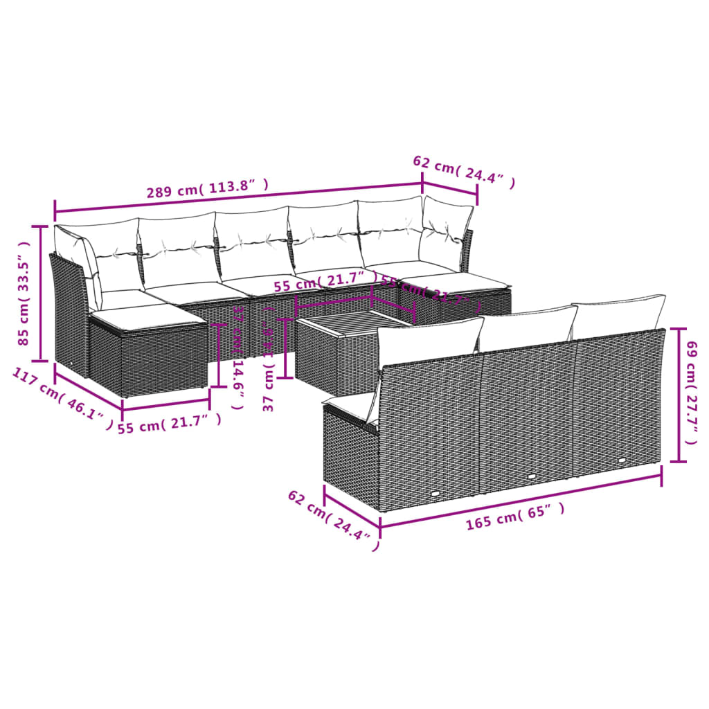 11 Pcs conjunto sofás de jardim c/ almofadões vime PE cinzento