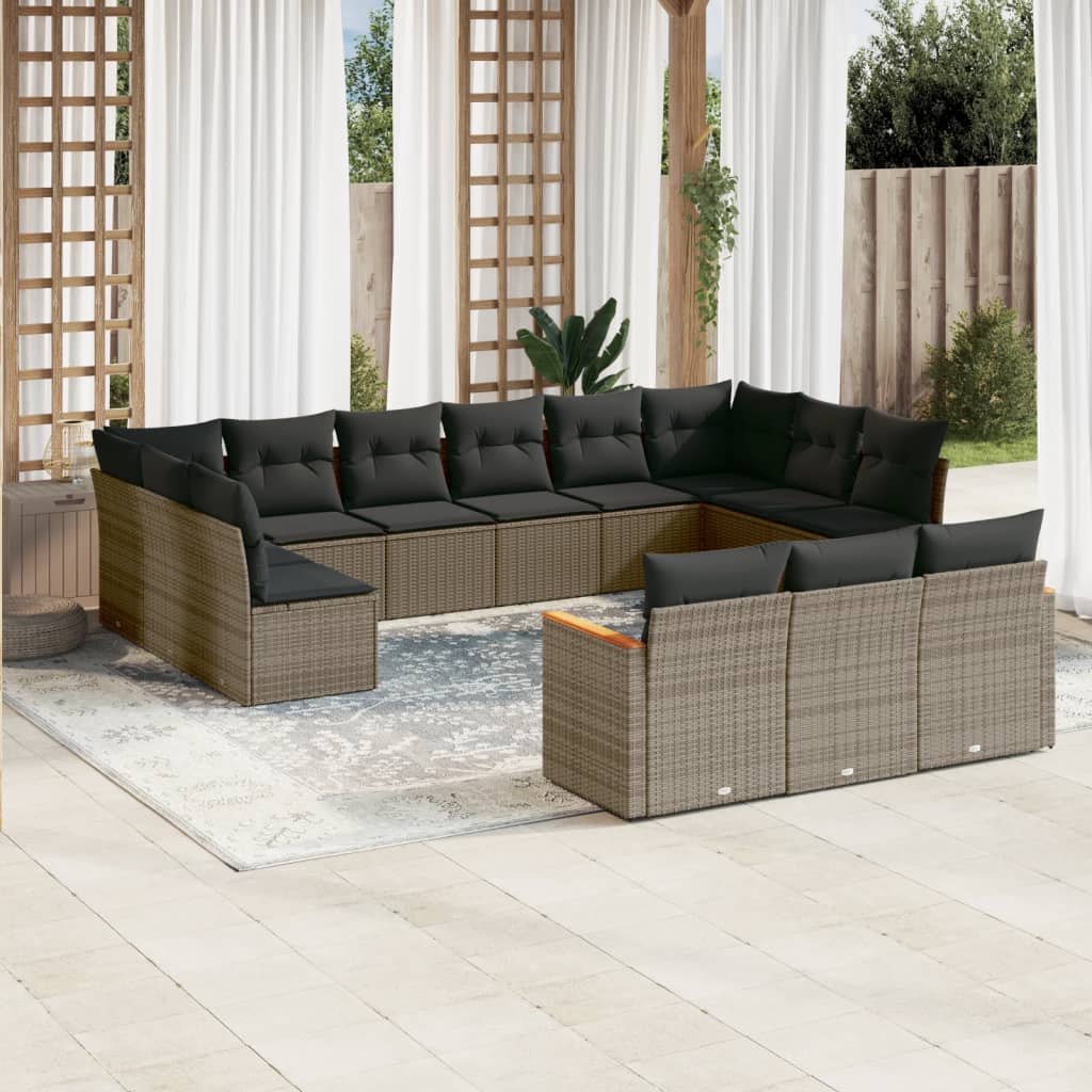 13 Pcs conjunto sofás p/ jardim c/ almofadões vime PE cinzento
