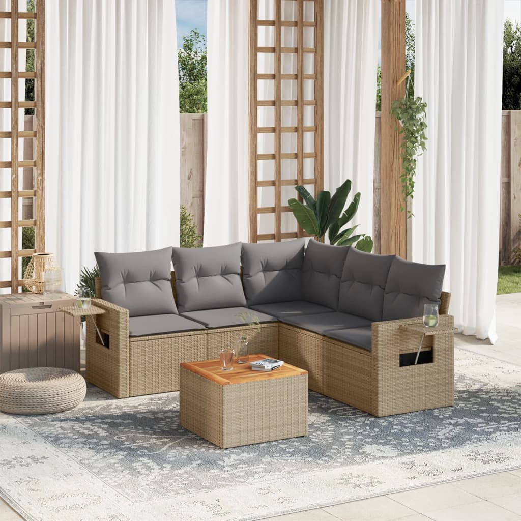 6 Pcs conjunto de sofás p/ jardim com almofadões vime PE bege