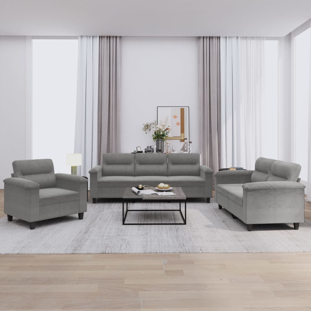 3 Pcs conj. sofás c/ almofadões tecido microfibra cinza-escuro