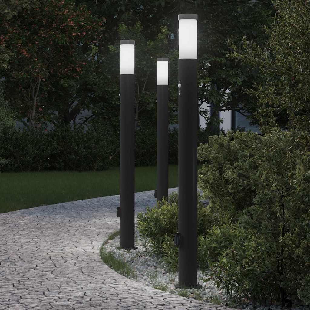 Luminárias de balizamento com sensor e tomada, 3 peças, 110 cm, aço inoxidável, IP44