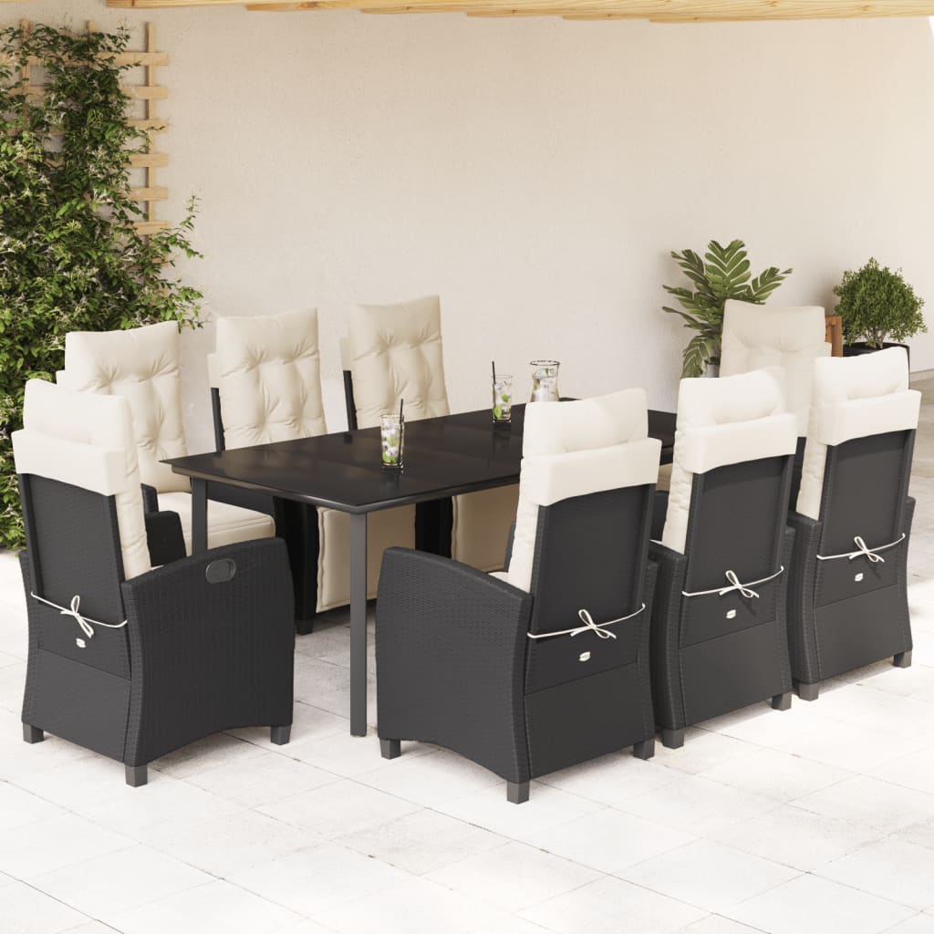 9 Pcs conjunto de jantar p/ jardim c/ almofadões vime PE preto