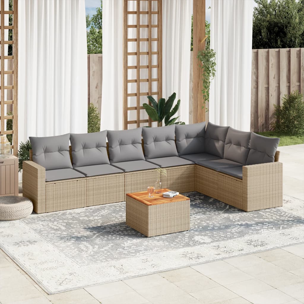 8 Pcs conj. sofás jardim c/ almofadões vime PE bege misturado