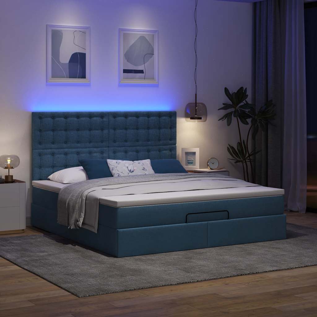 Estrutura de cama otomana com tecido azul colchão 180x200cm