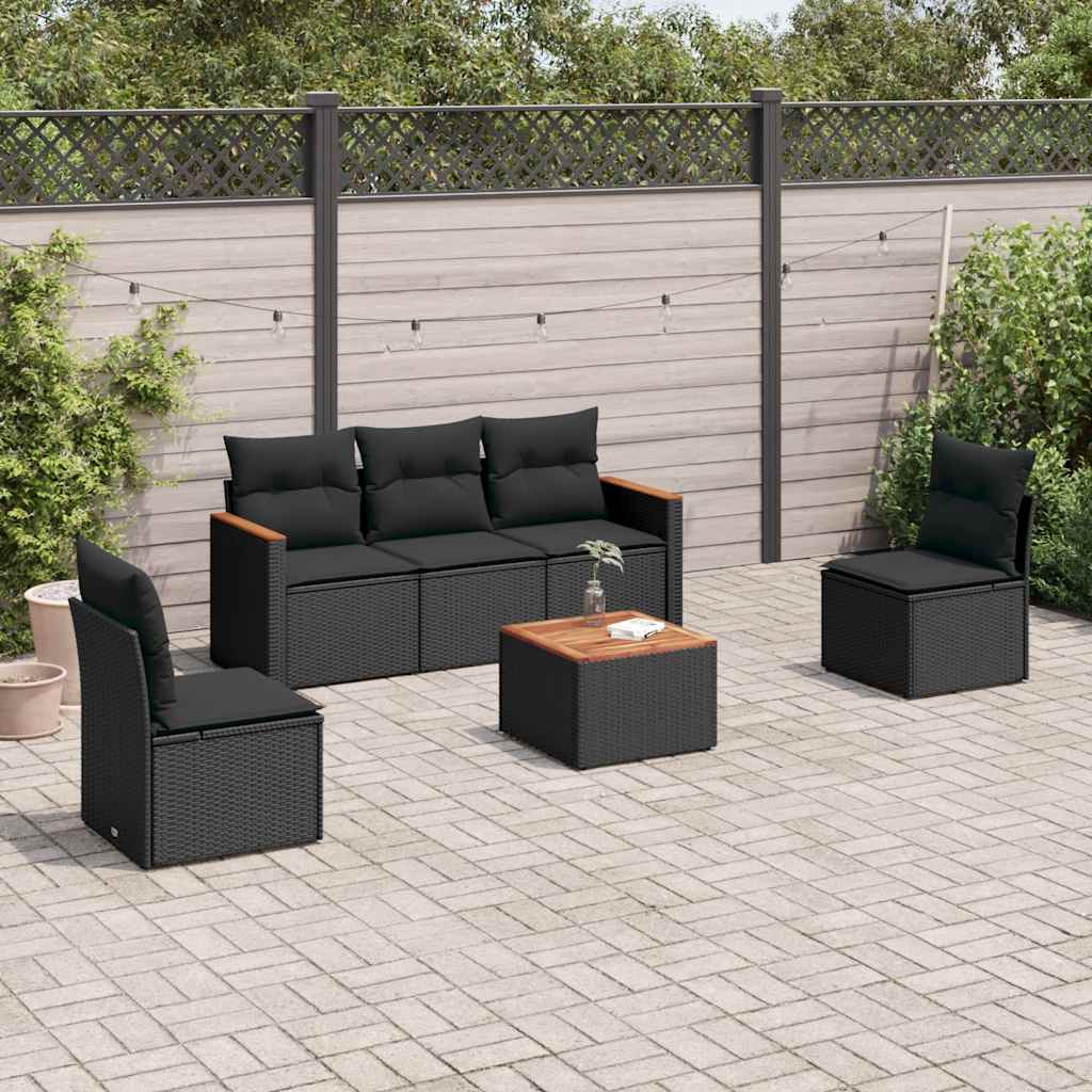 6 Pcs conjunto sofás de jardim c/ almofadões vime PE preto
