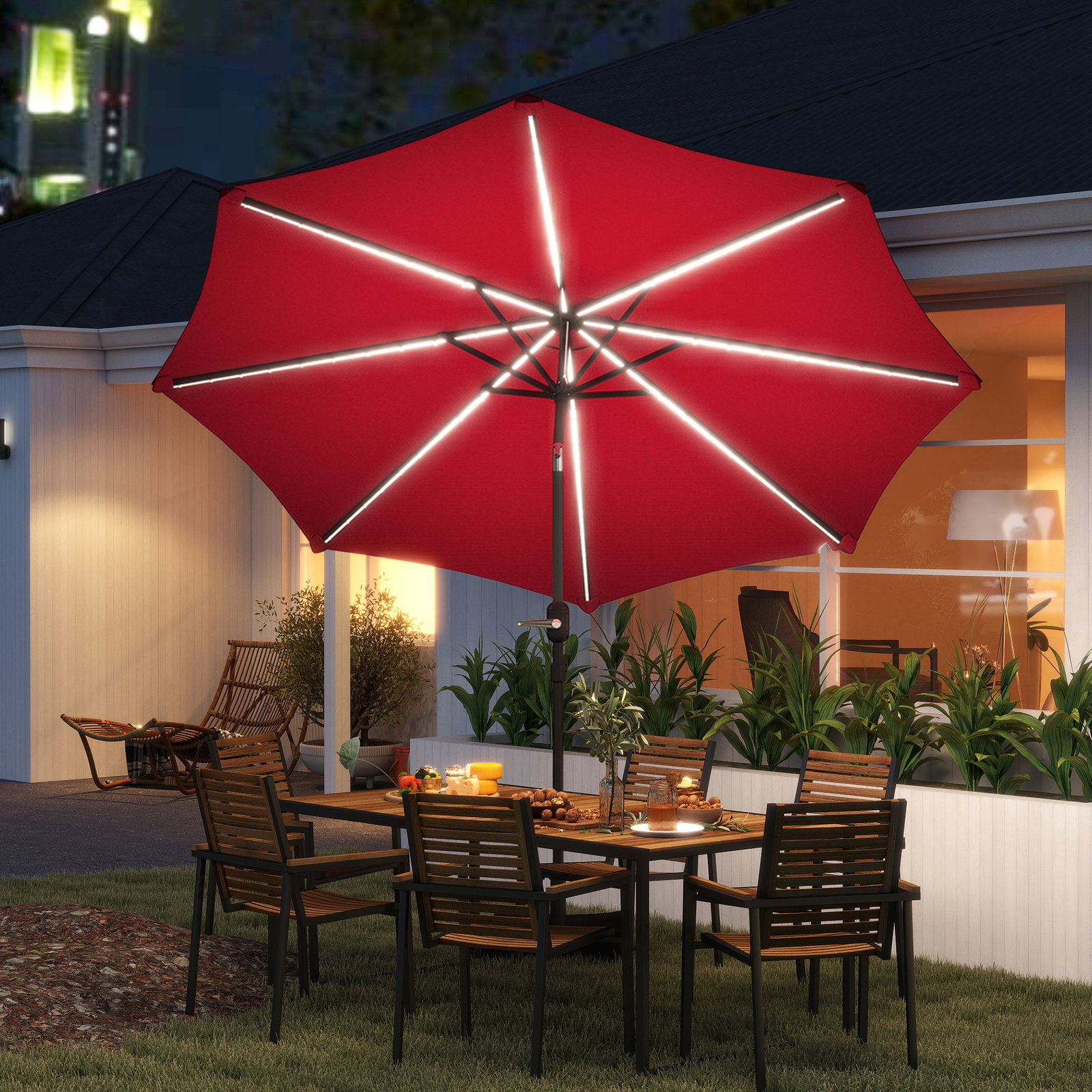 Chapéu de sol para jardim ø292x252 cm com inclinação ajustável até 45° luzes LED solares e manivela vinho
