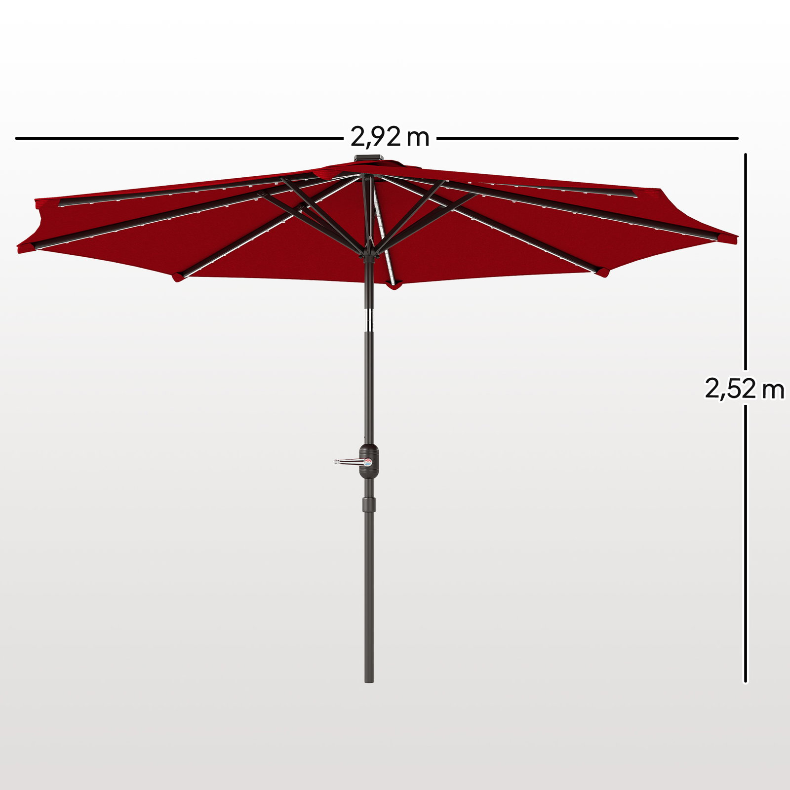 Chapéu de sol para jardim ø292x252 cm com inclinação ajustável até 45° luzes LED solares e manivela vinho