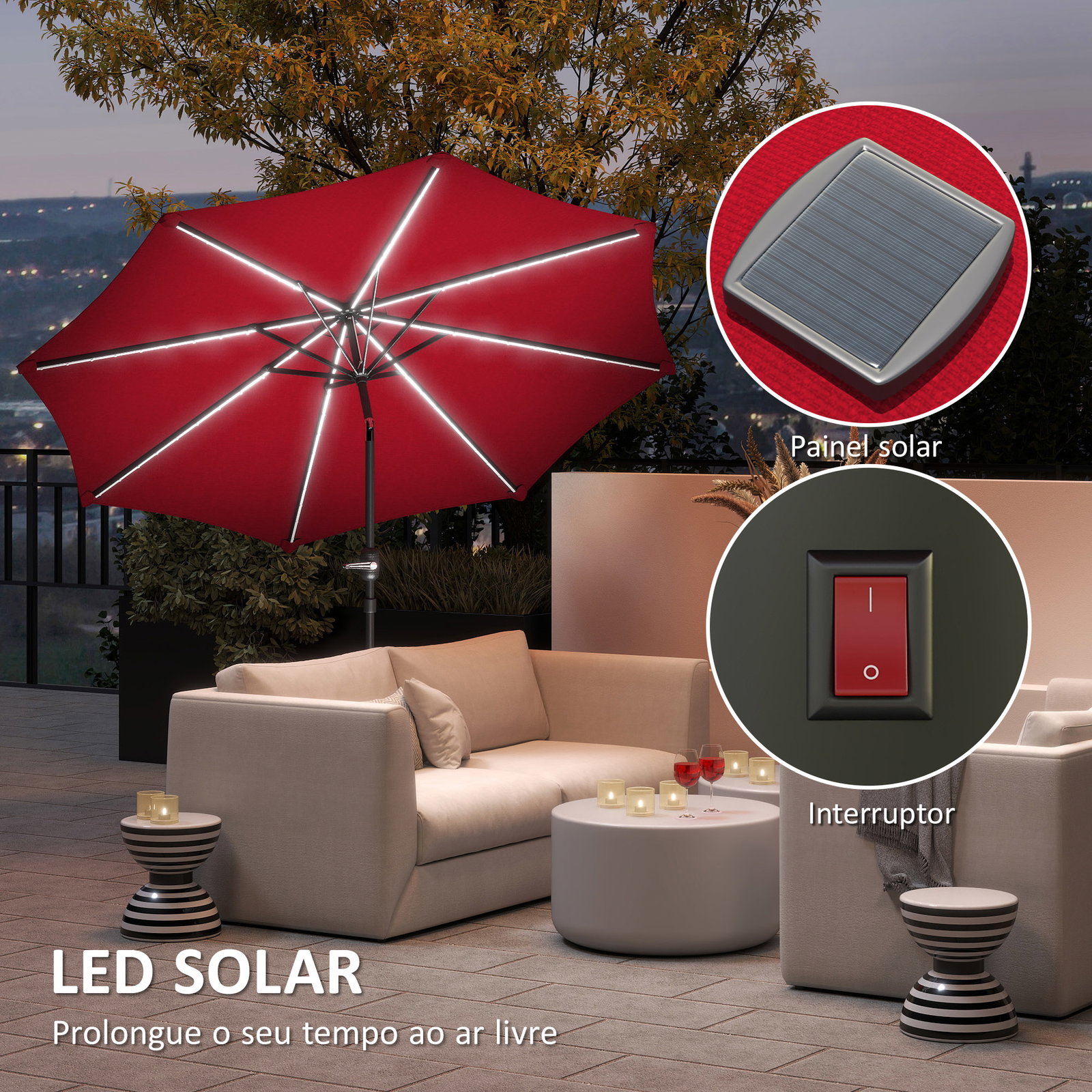 Chapéu de sol para jardim ø292x252 cm com inclinação ajustável até 45° luzes LED solares e manivela vinho