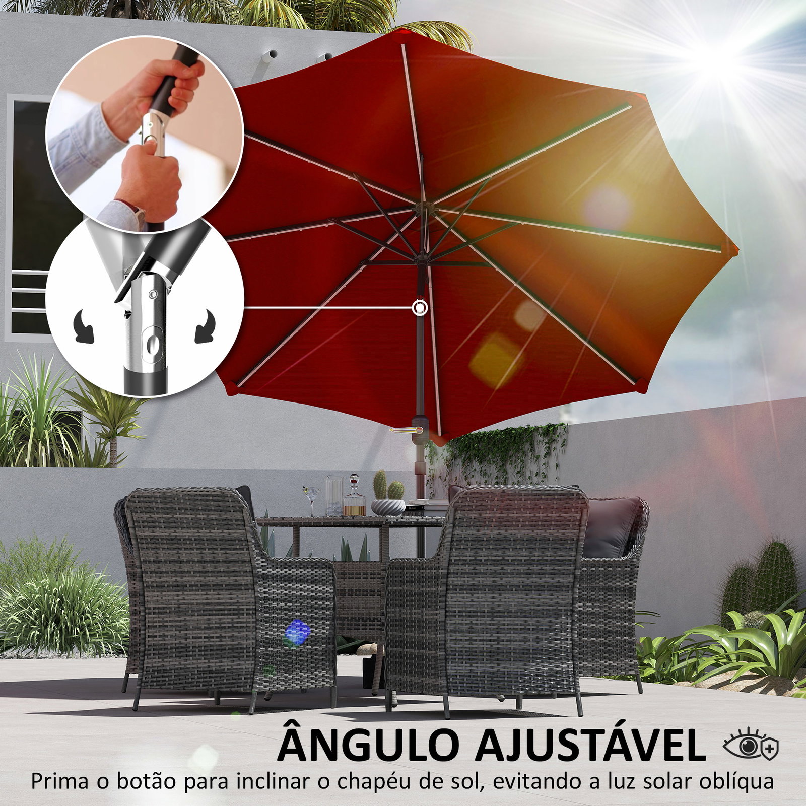 Chapéu de sol para jardim ø292x252 cm com inclinação ajustável até 45° luzes LED solares e manivela vinho