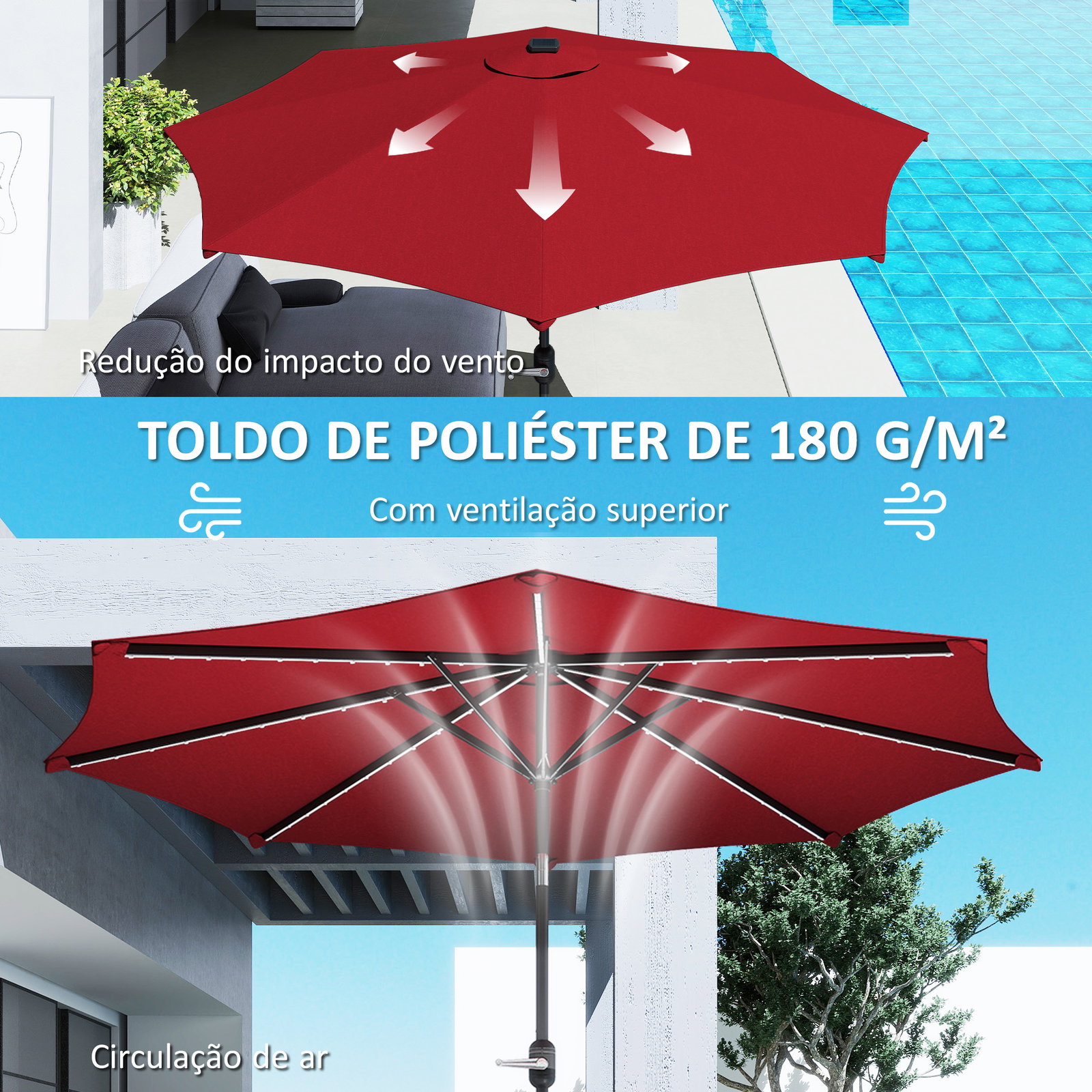 Chapéu de sol para jardim ø292x252 cm com inclinação ajustável até 45° luzes LED solares e manivela vinho