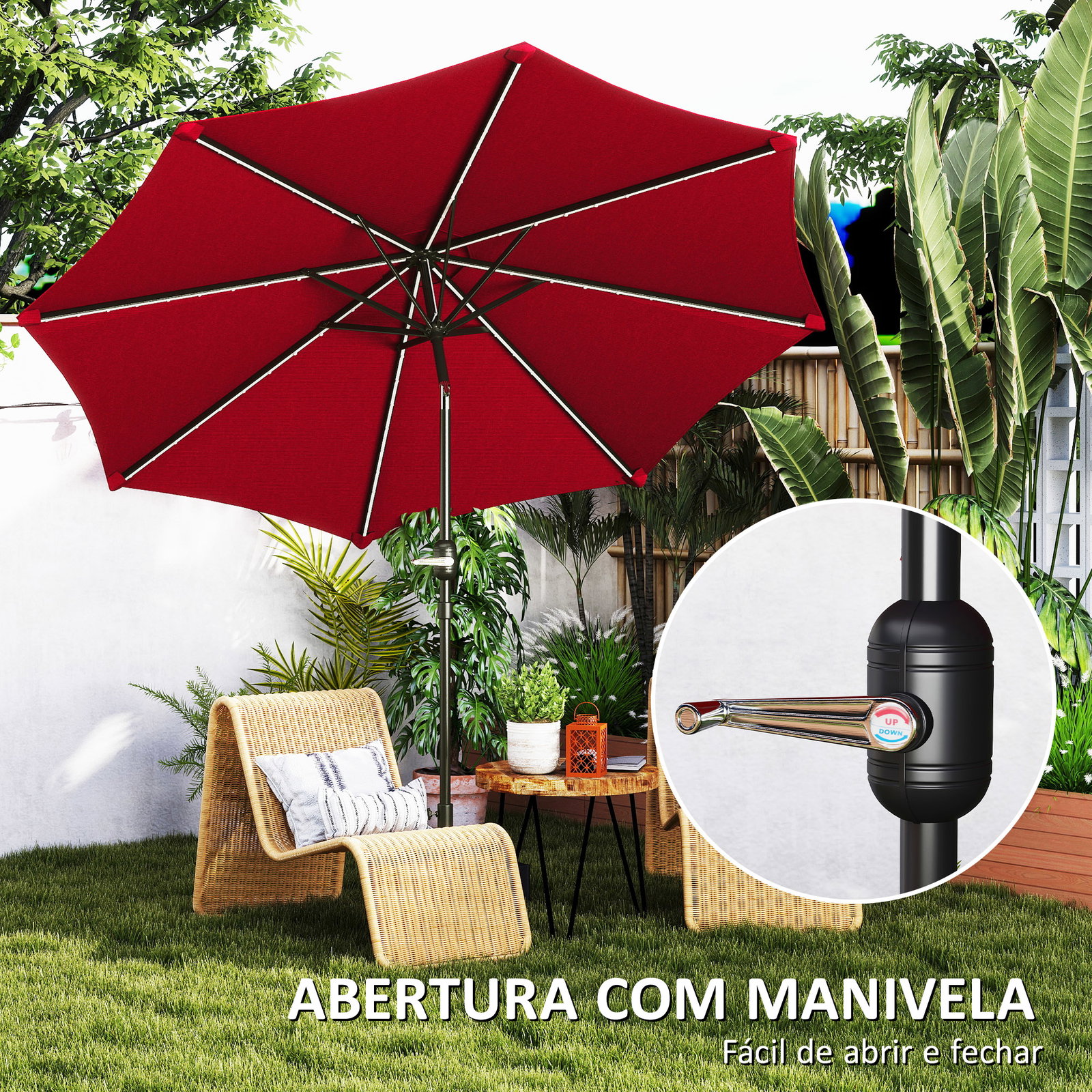 Chapéu de sol para jardim ø292x252 cm com inclinação ajustável até 45° luzes LED solares e manivela vinho