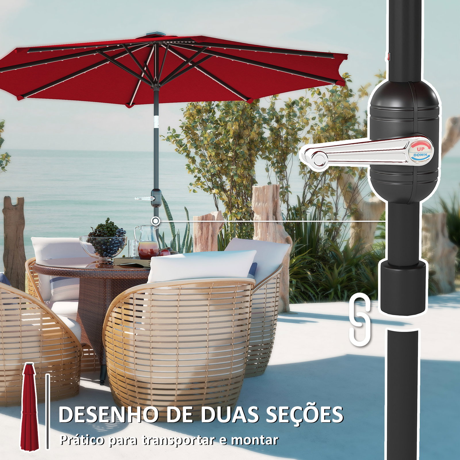 Chapéu de sol para jardim ø292x252 cm com inclinação ajustável até 45° luzes LED solares e manivela vinho