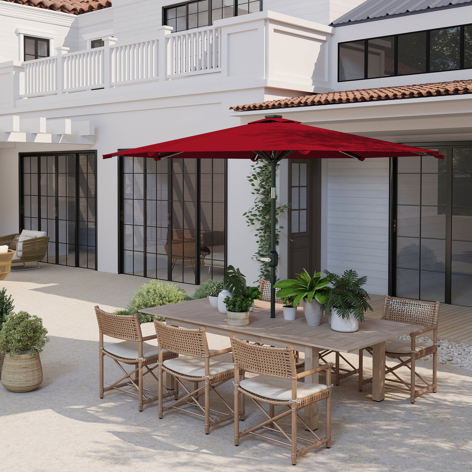 Chapéu de sol para jardim ø292x252 cm com inclinação ajustável até 45° luzes LED solares e manivela vinho