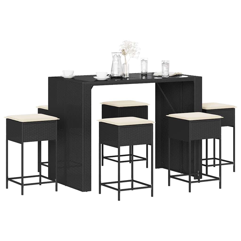 7 Pcs conjunto de bar para jardim c/ almofadões vime PE preto