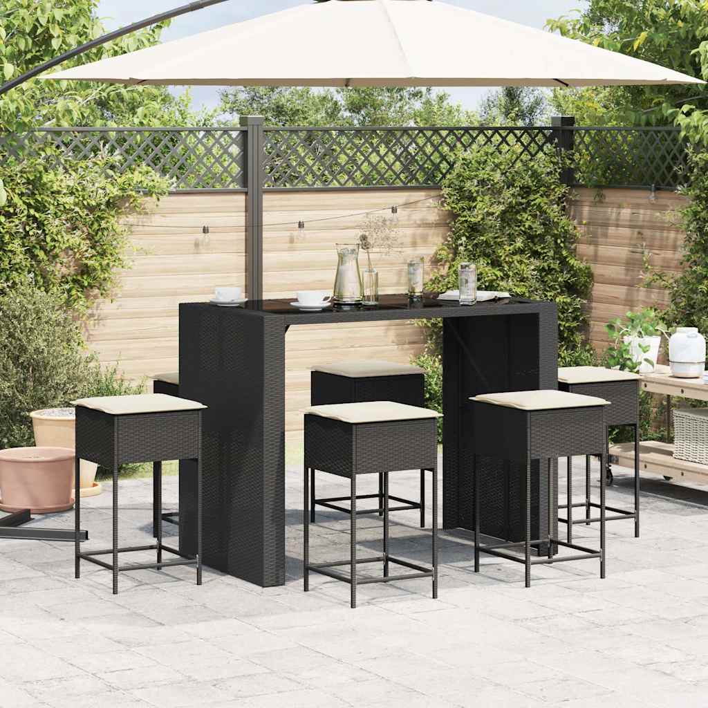 7 Pcs conjunto de bar para jardim c/ almofadões vime PE preto