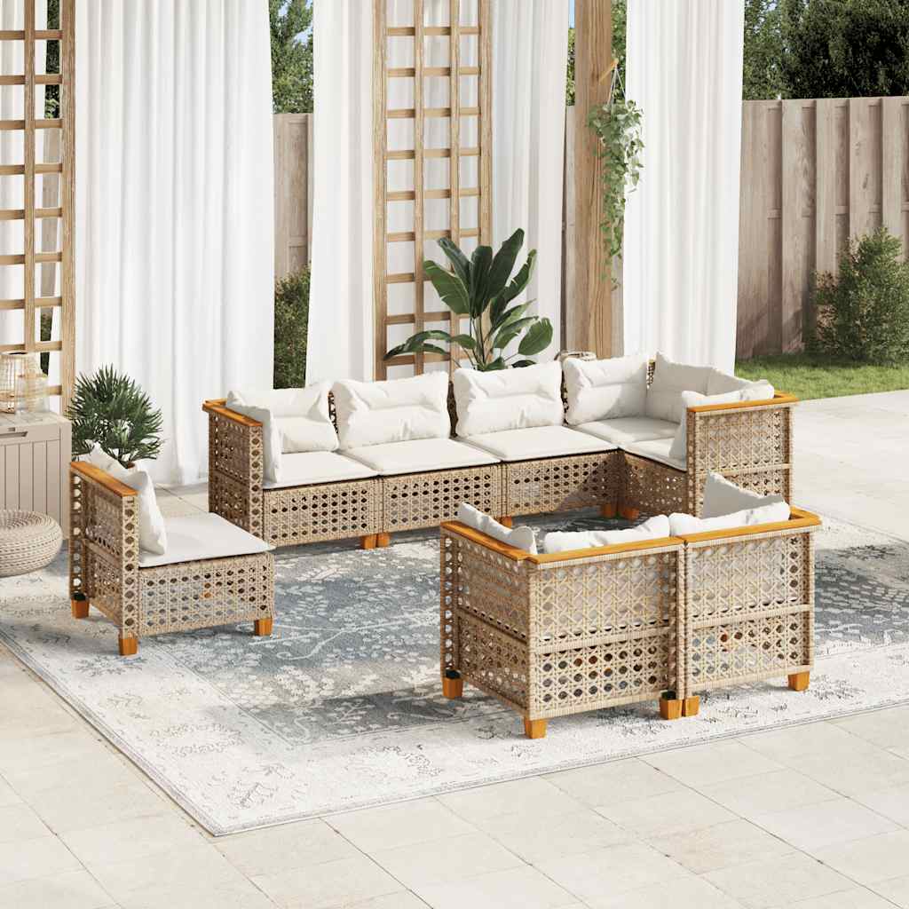 8 Pcs conjunto de sofás p/ jardim com almofadões vime PE bege