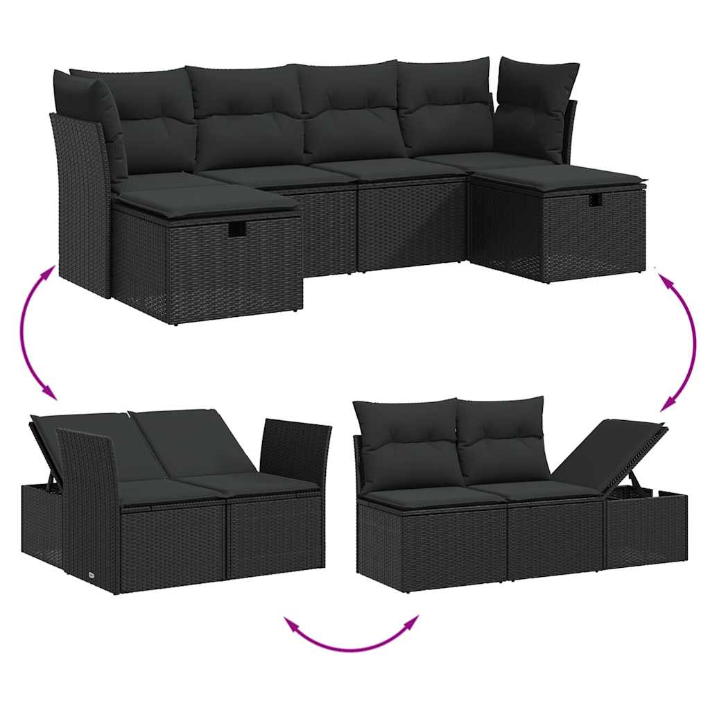 6 Pcs conjunto sofás de jardim c/ almofadões vime PE preto