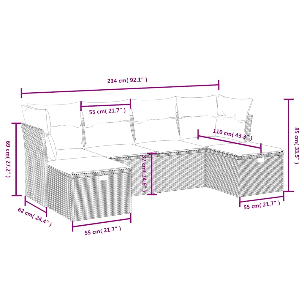 6 Pcs conjunto sofás de jardim c/ almofadões vime PE preto