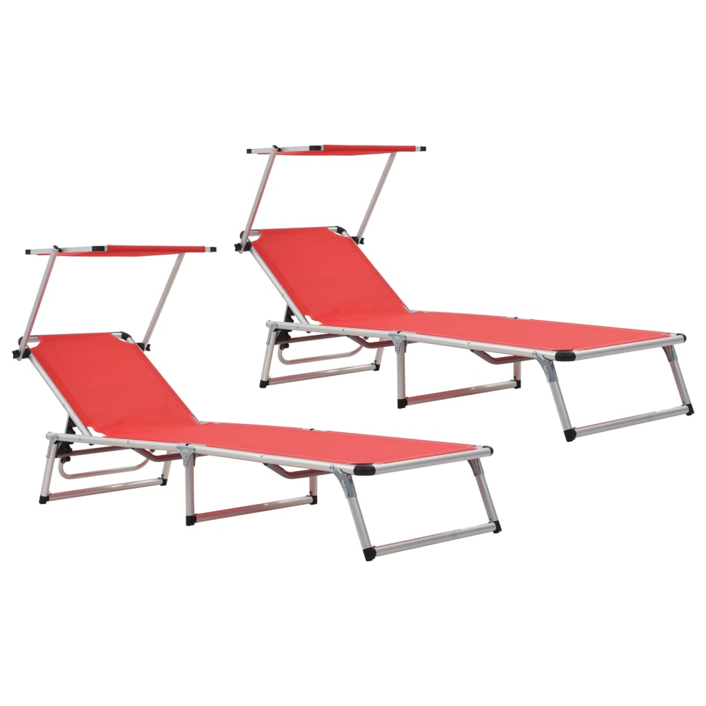 Espreguiçadeiras dobráveis c/ teto 2pcs alum/textilene vermelho