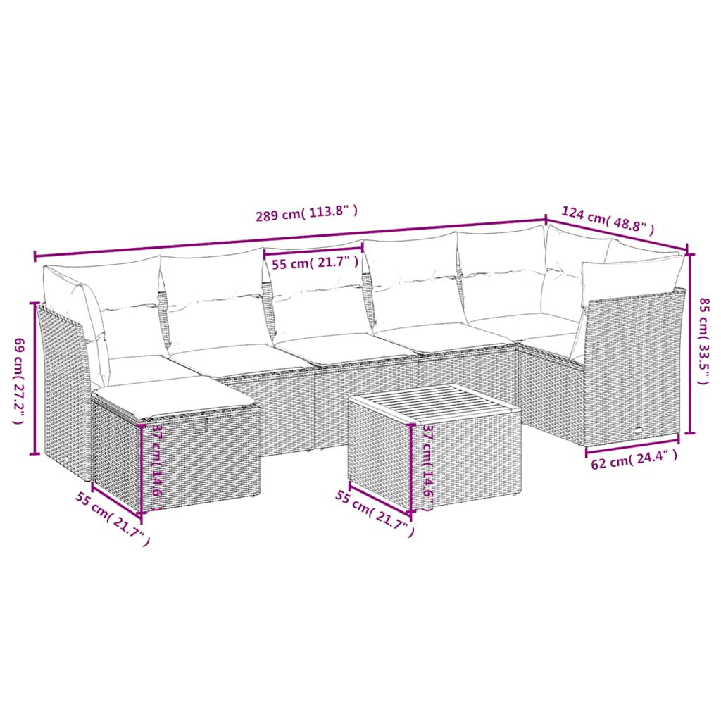 Conjunto de sofá de jardim com 8 peças e almofadas em rattan sintético preto